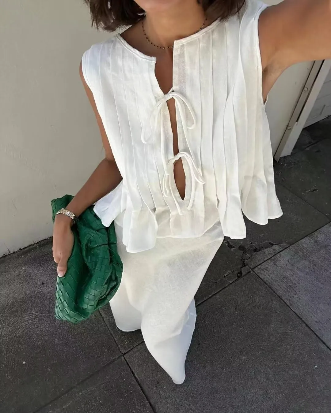 Melliflo Women's Pleated Tie Front Vest Ruffle Hem Sleeveless Peplum Top Cute Flowy Summer Babydoll Tank Blouse