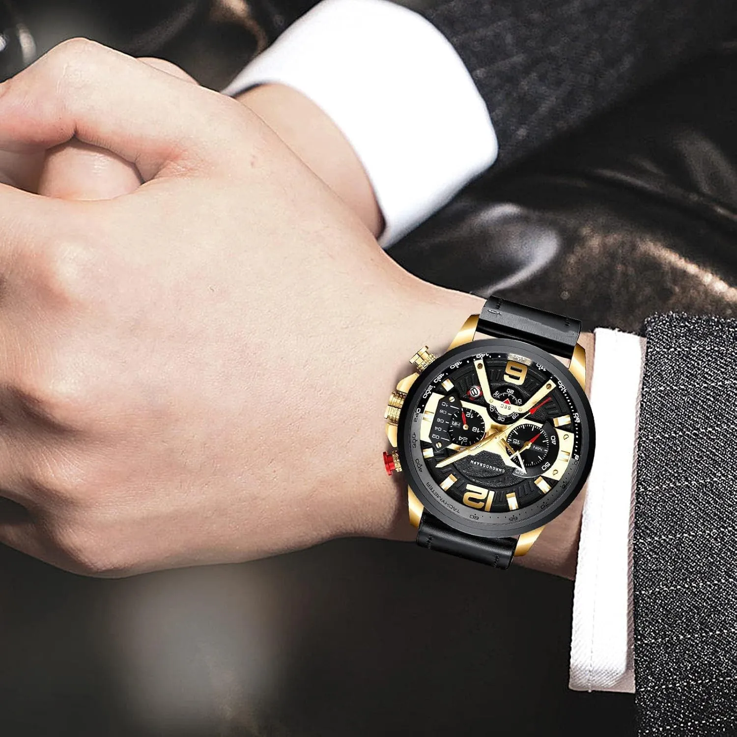 Men Chronograph Sport Watches Brown Leather Strap Quartz Watch Business Casual Wrist Watch for Men