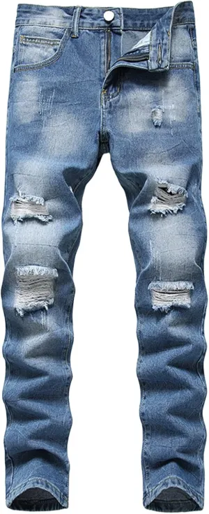 Men Ripped Jeans, Slim Fit Straight Leg, Denim Pants with Holes Comforable Wash Elastic Trend Outdoors Denim Trousers