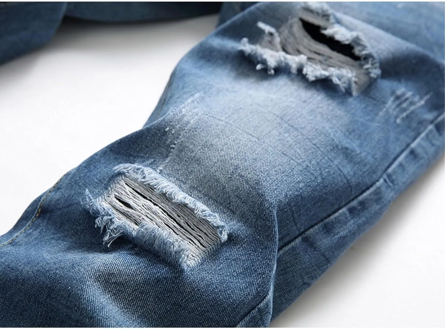 Men Ripped Jeans, Slim Fit Straight Leg, Denim Pants with Holes Comforable Wash Elastic Trend Outdoors Denim Trousers