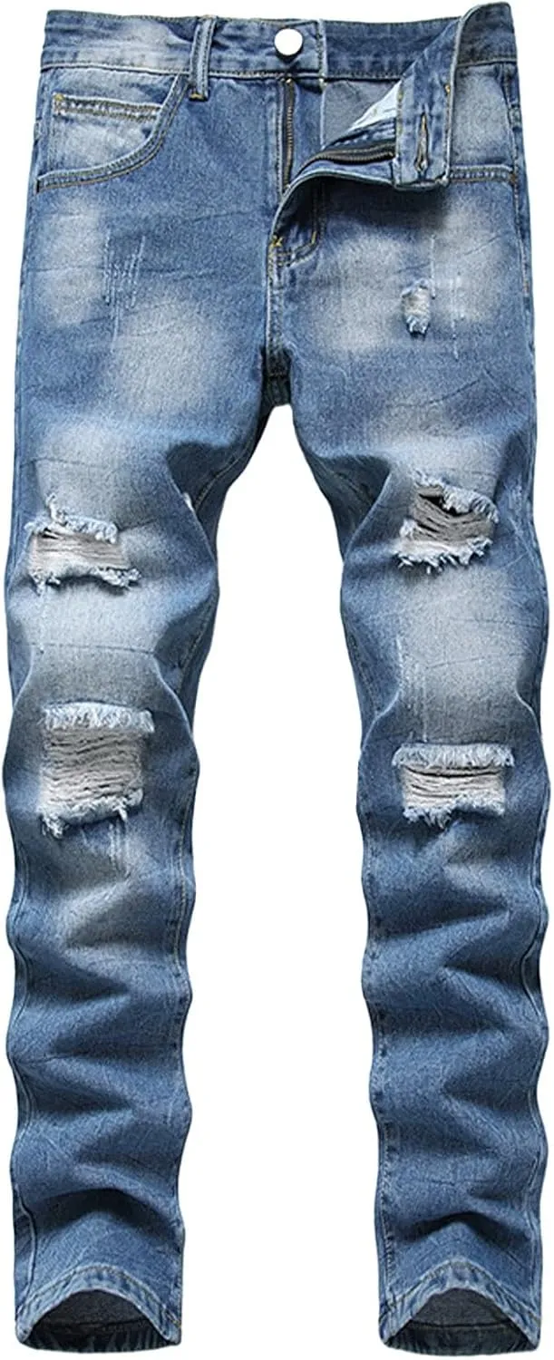 Men Ripped Jeans, Slim Fit Straight Leg, Denim Pants with Holes Comforable Wash Elastic Trend Outdoors Denim Trousers