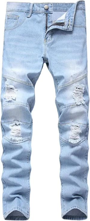 Men Ripped Jeans, Slim Fit Straight Leg, Denim Pants with Holes Comforable Wash Elastic Trend Outdoors Denim Trousers