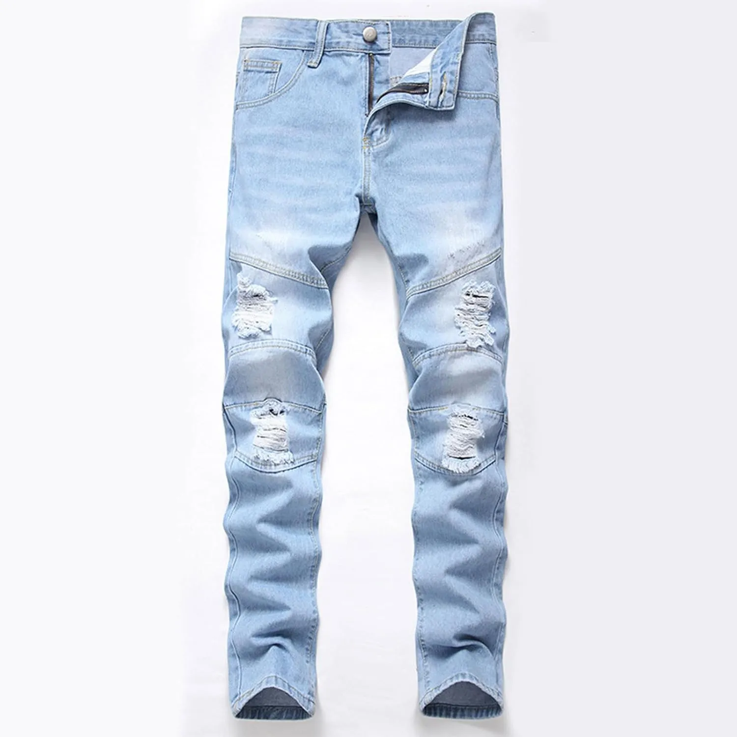 Men Ripped Jeans, Slim Fit Straight Leg, Denim Pants with Holes Comforable Wash Elastic Trend Outdoors Denim Trousers