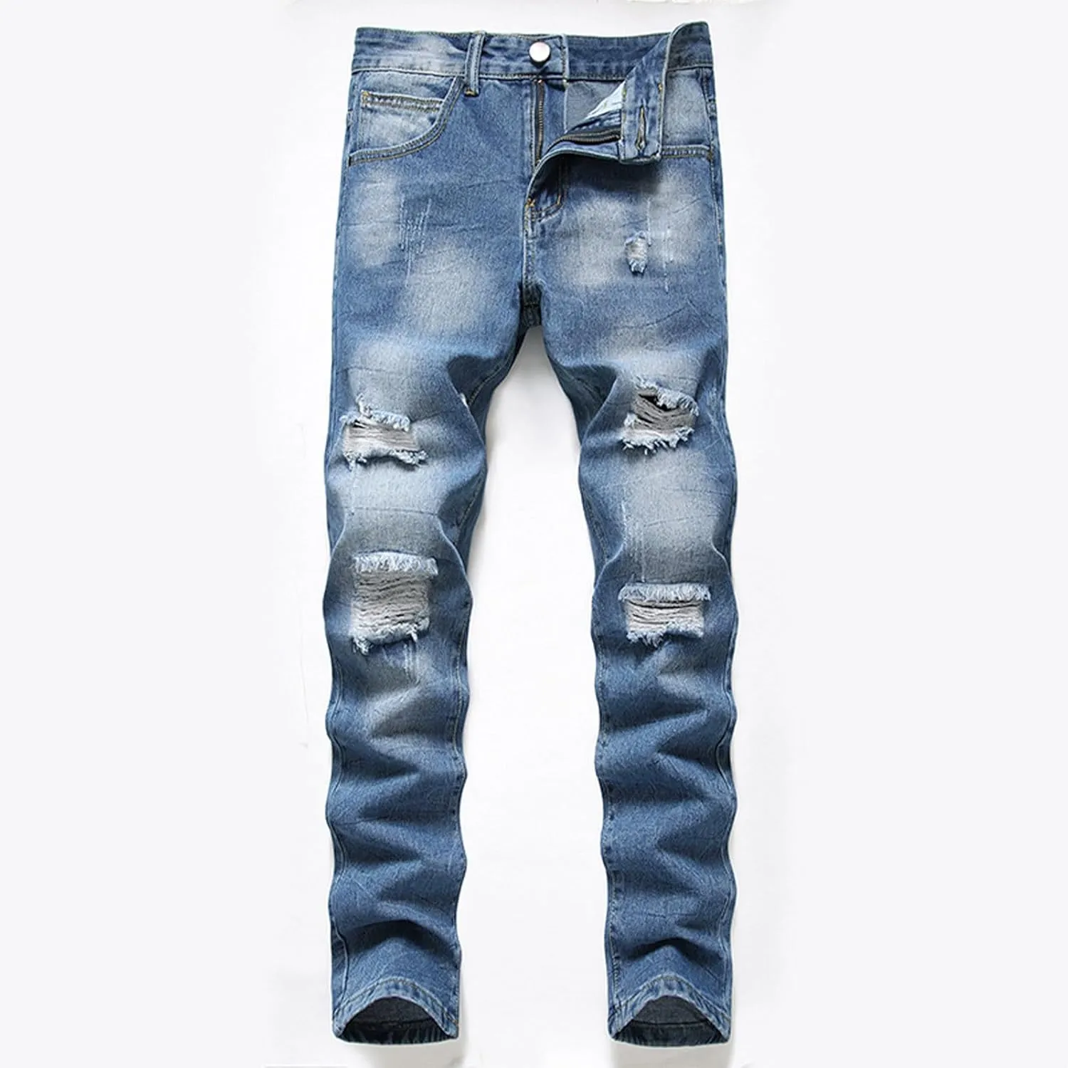 Men Ripped Jeans, Slim Fit Straight Leg, Denim Pants with Holes Comforable Wash Elastic Trend Outdoors Denim Trousers