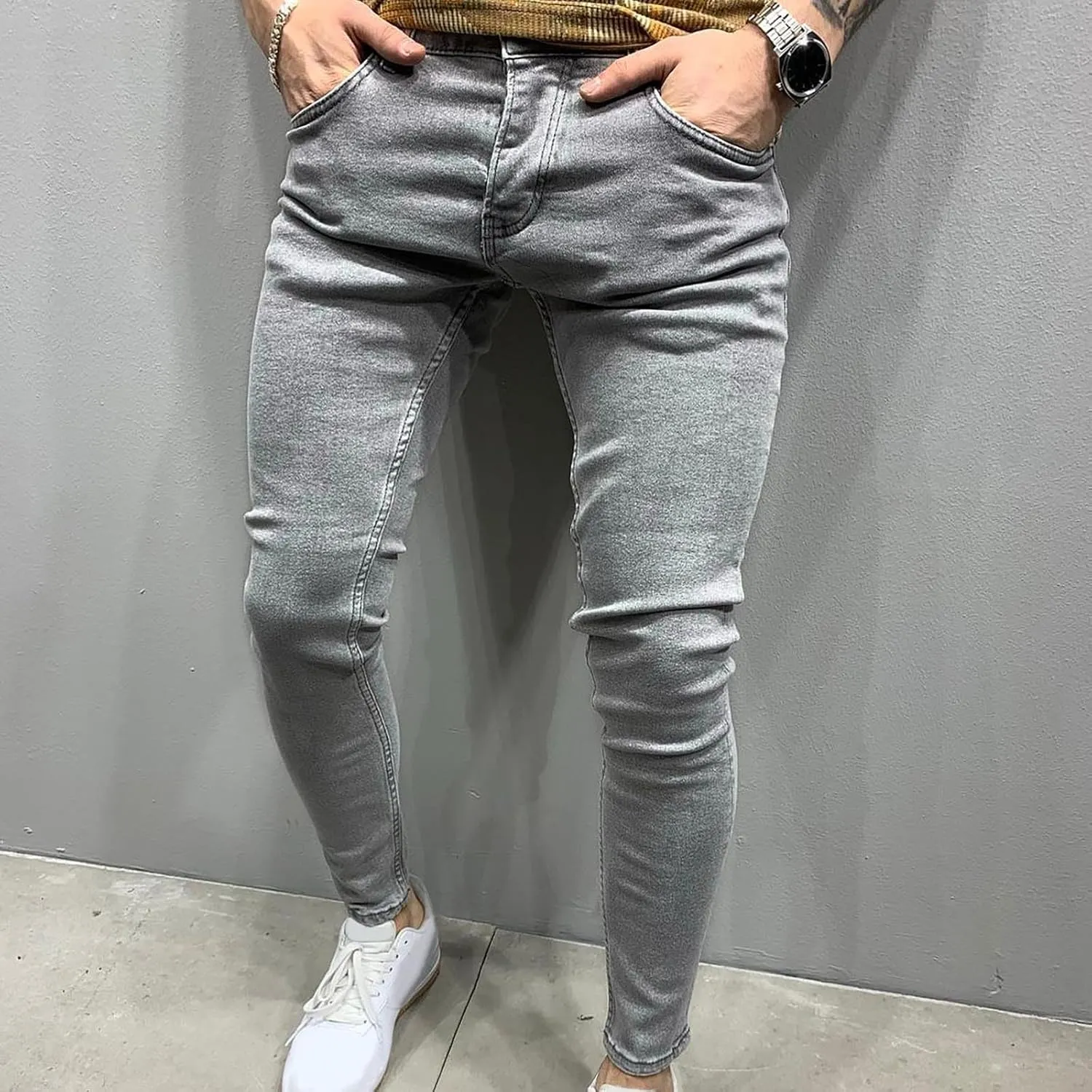 Men Skinny Slim Fit Casual Jeans Dyeing Stretch Straight Fashion Denim Pants Casual Straight Full Length Trousers