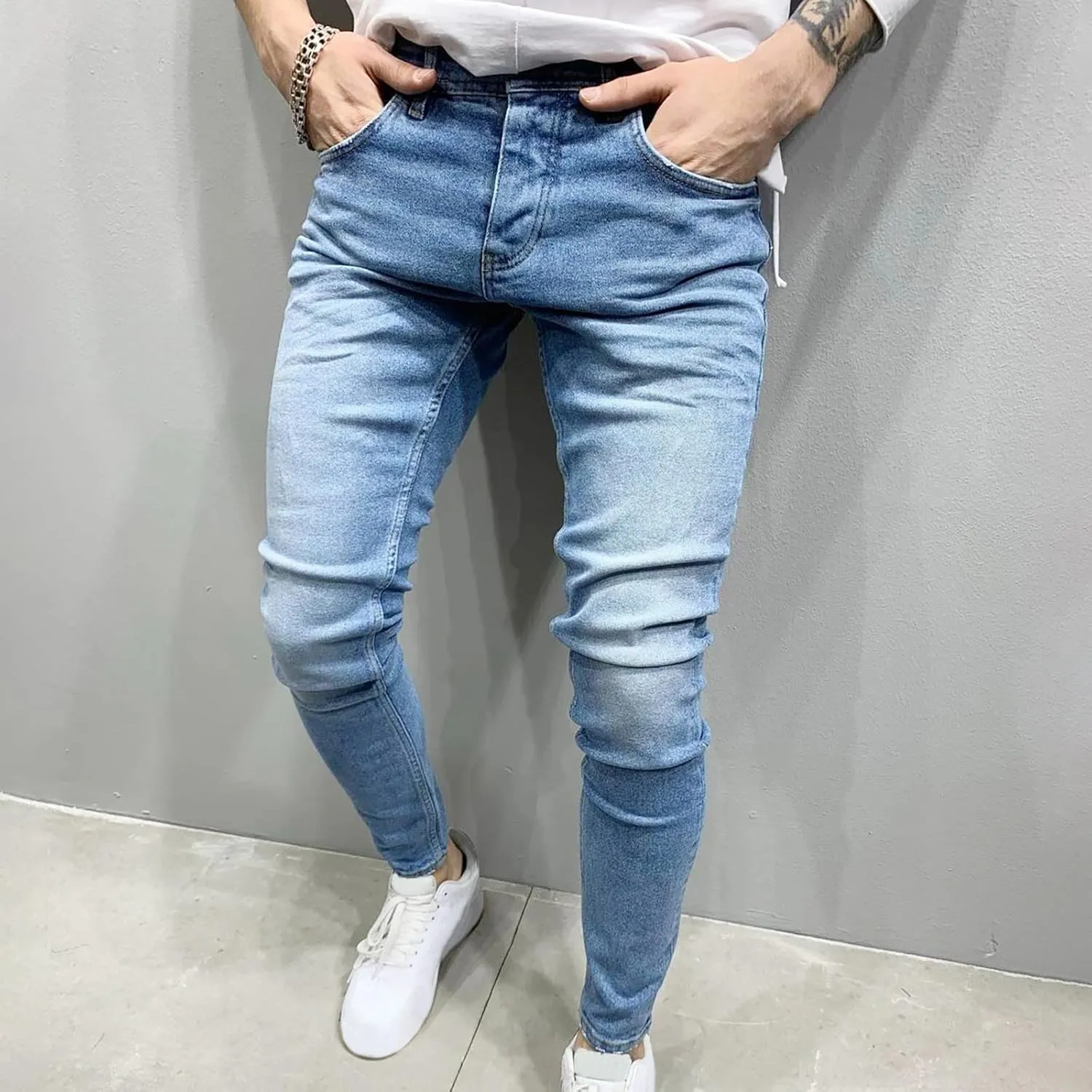 Men Skinny Slim Fit Casual Jeans Dyeing Stretch Straight Fashion Denim Pants Casual Straight Full Length Trousers