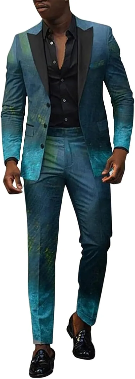 Mens 2 Piece Floral Print Suit Fashion Business Party Button Down Jacket Slim Fit Blazer Pants Wedding Dance Outfits
