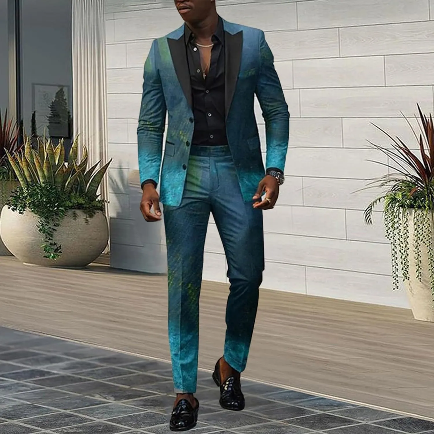Mens 2 Piece Floral Print Suit Fashion Business Party Button Down Jacket Slim Fit Blazer Pants Wedding Dance Outfits
