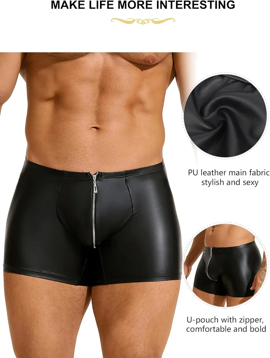 Men's Boxer Briefs Soft Matte Boxer Shorts Solid Low Rise Pouch Trunks Underwear with Zipper Black Plus Size