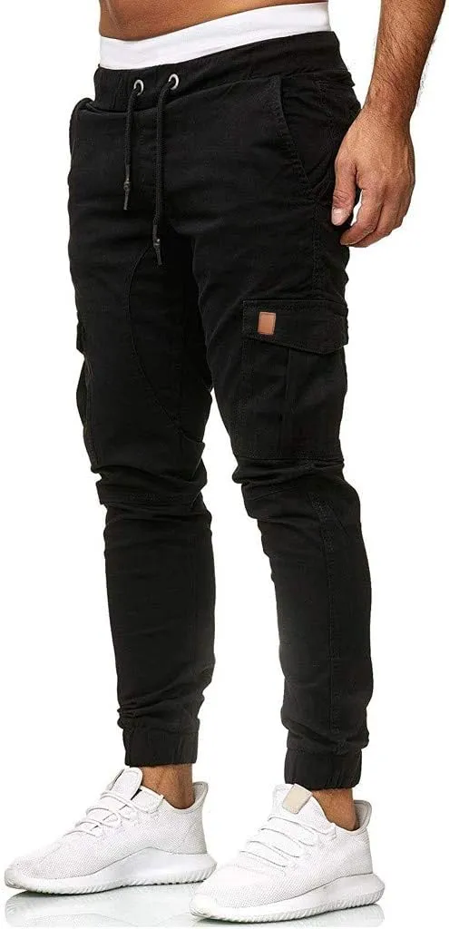 Mens Cargo Sweatpants Joggers Slim Fit Elastic Waist Athletic Pants with Pockets Workout Drawstring Trousers