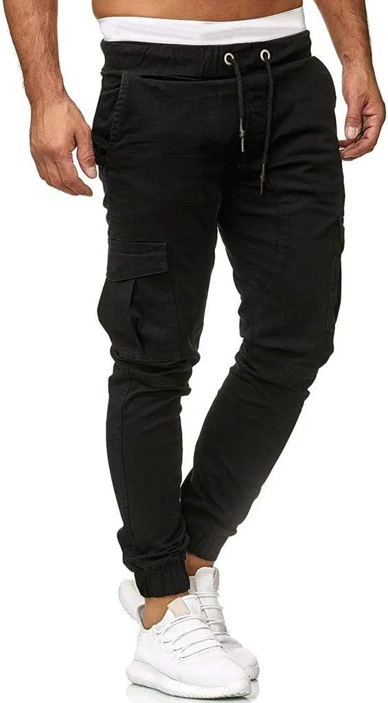 Mens Cargo Sweatpants Joggers Slim Fit Elastic Waist Athletic Pants with Pockets Workout Drawstring Trousers