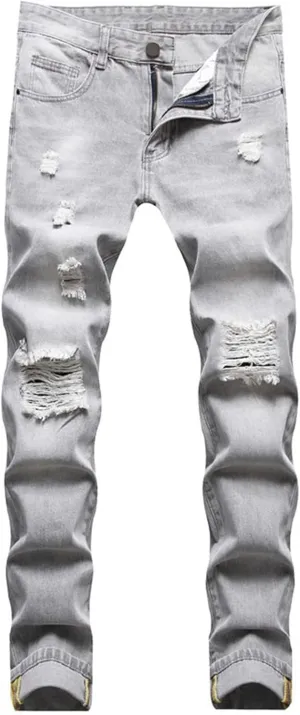 Men's Casual Straight Leg Ripped Jeans Slim Fit Distressed Workwear Denim Pants Fashion Comfort Biker Style Jeans