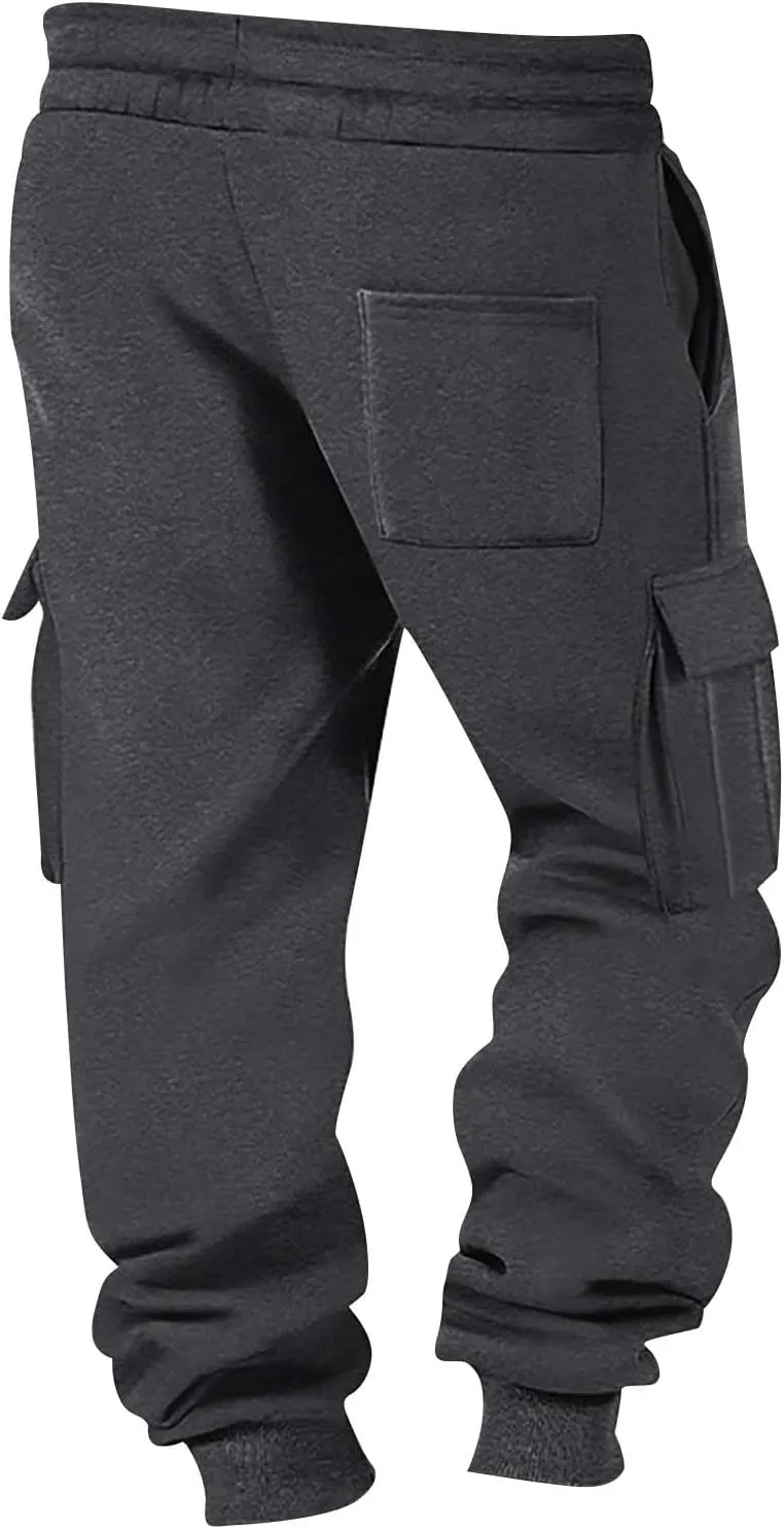Men's Chinos Solid Color Pocket Cuffed Work Pants, Men's Casual Drawstring Work Pants