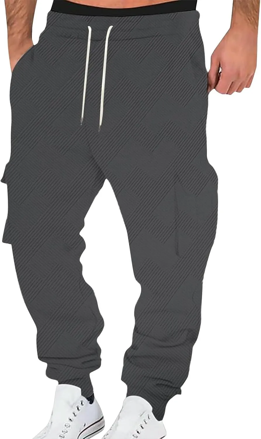 Men's Chinos Solid Color Pocket Cuffed Work Pants, Men's Casual Drawstring Work Pants