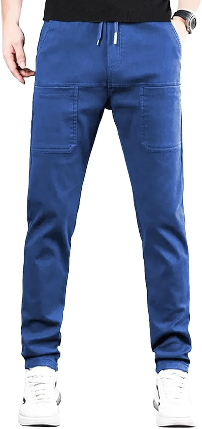 Mens Corduroy Drawstring Elastic Waist Baggy Tapered Wide Leg Cargo with Pockets Casual Joggers Sweatpants Pants