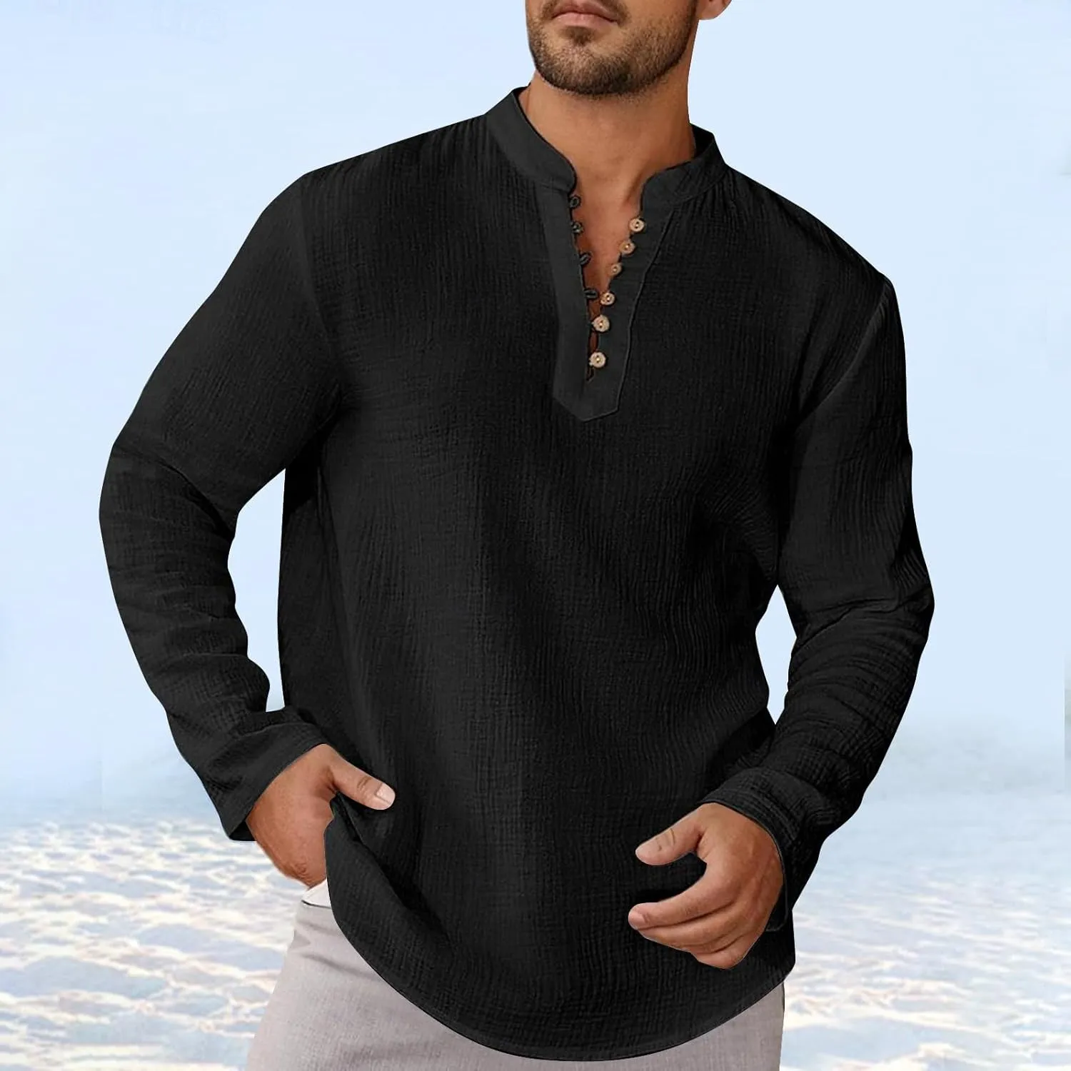 Men's Cotton Linen Casual Henley Shirts Long Sleeve Beach T Shirts Button Down Long Sleeve Solid Color Basic Pullover