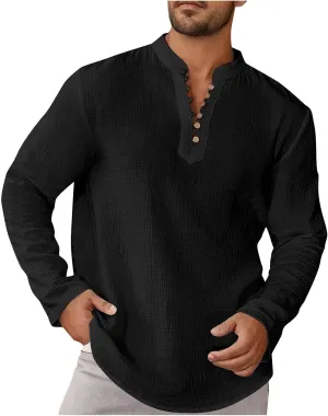 Men's Cotton Linen Casual Henley Shirts Long Sleeve Beach T Shirts Button Down Long Sleeve Solid Color Basic Pullover