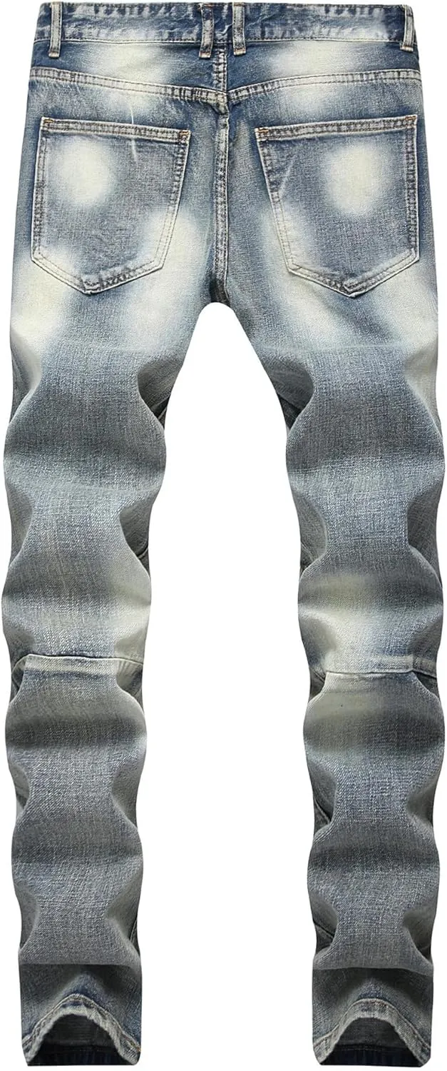 Men's Distressed Biker Moto Denim Pants Ripped Skinny Fit Fashion Jeans Slim Fit Casual Washed Hip Hop Jeans