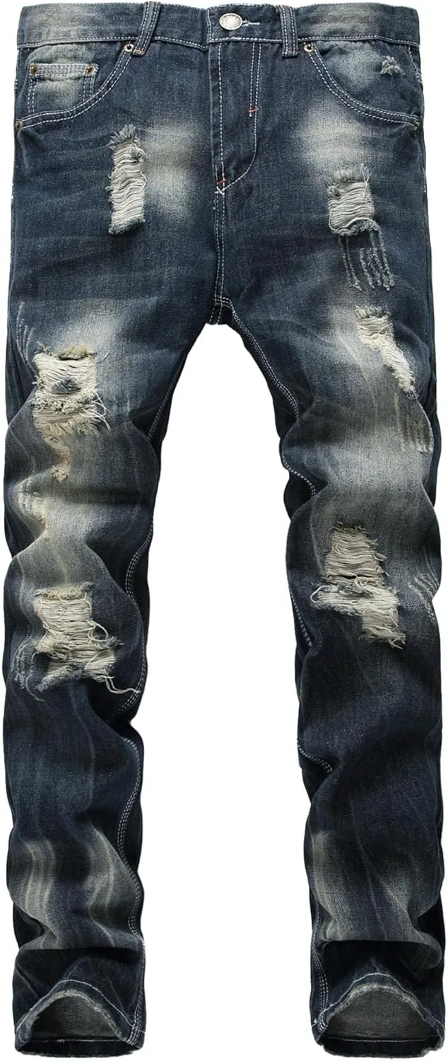 Men's Distressed Slim Fit Biker Jeans Ripped Denim Comfort Casual Denim Pants Straight Leg Stretch Skinny Jeans