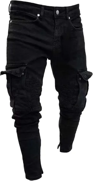 Men's Distressed Slim Fit Classic Cargo JeansComfort Stretch Tapered Denim Pants Streetwear Outdoor Jeans Trouser