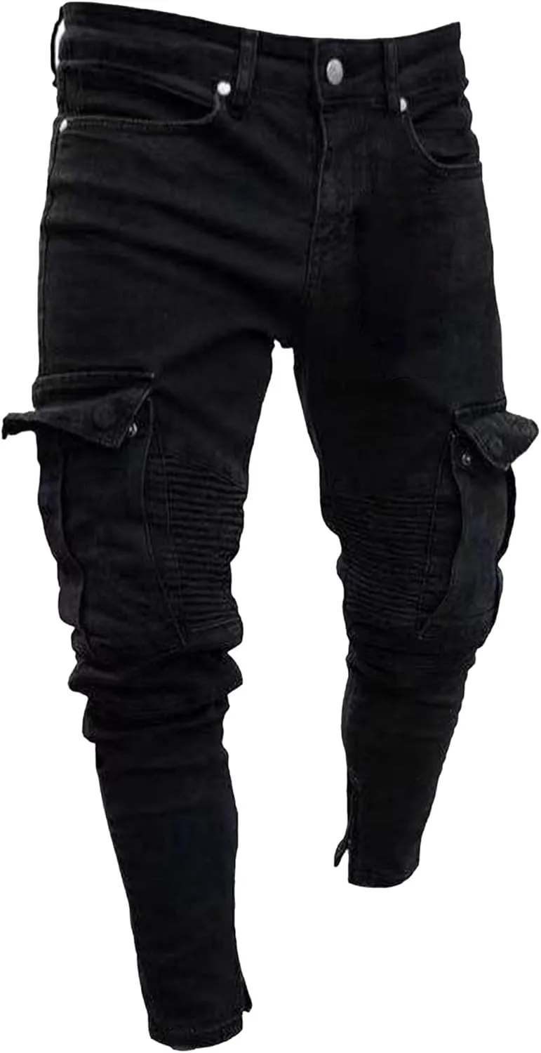 Men's Distressed Slim Fit Classic Cargo JeansComfort Stretch Tapered Denim Pants Streetwear Outdoor Jeans Trouser