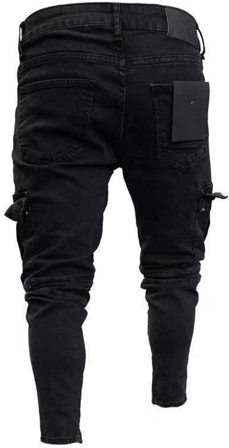 Men's Distressed Slim Fit Classic Cargo JeansComfort Stretch Tapered Denim Pants Streetwear Outdoor Jeans Trouser