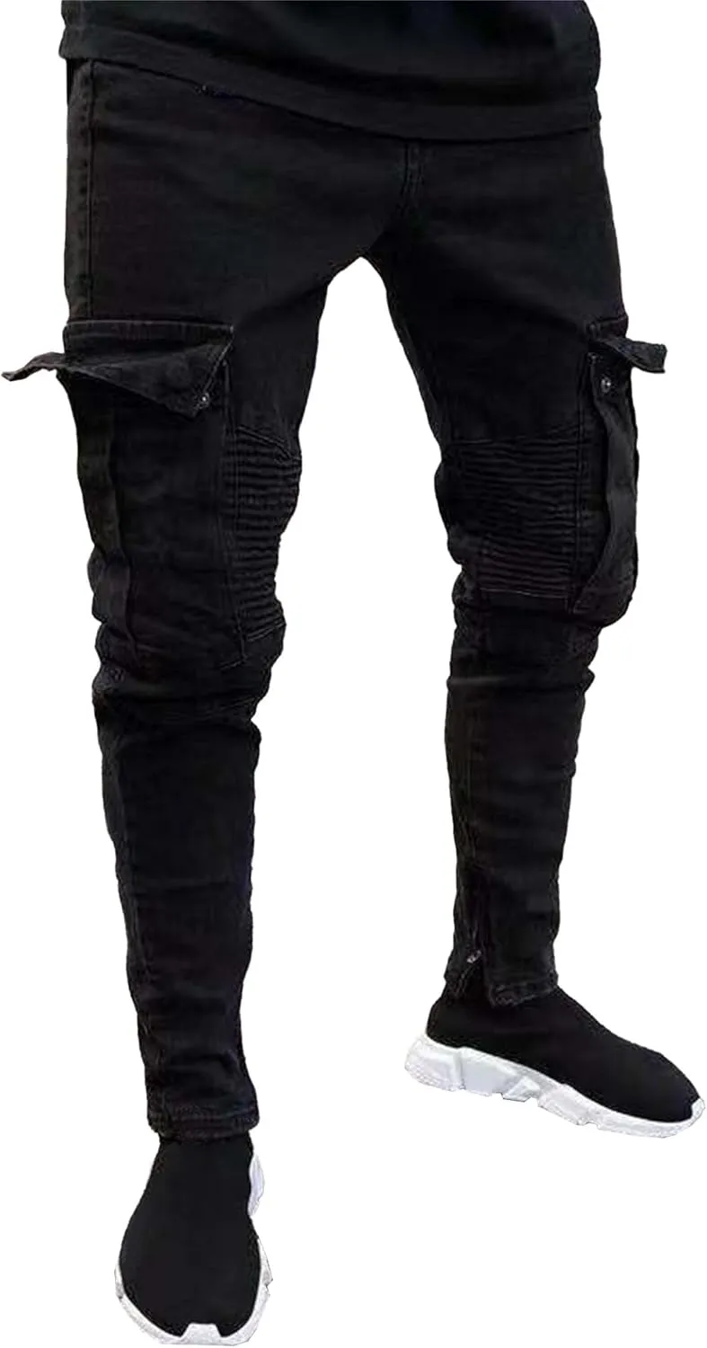 Men's Distressed Slim Fit Classic Cargo JeansComfort Stretch Tapered Denim Pants Streetwear Outdoor Jeans Trouser
