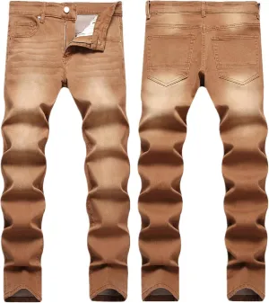 Men's Elastic Slim Straight Leg Jeans Slim Fit Stretch Jeans Distressed Fashion Comfort Pants Washed Biker Trousers