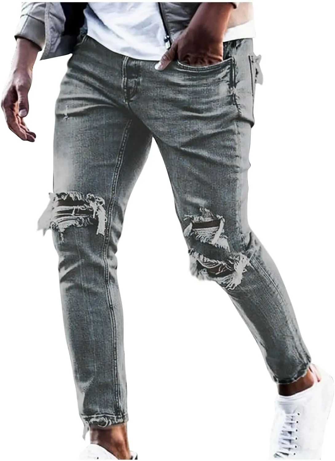 Mens Jeans Slim Fit Skinny Denim Stretch Tapered Jean Pants Zipper Button Elastic Waist Casual Pocket Sports Trousers