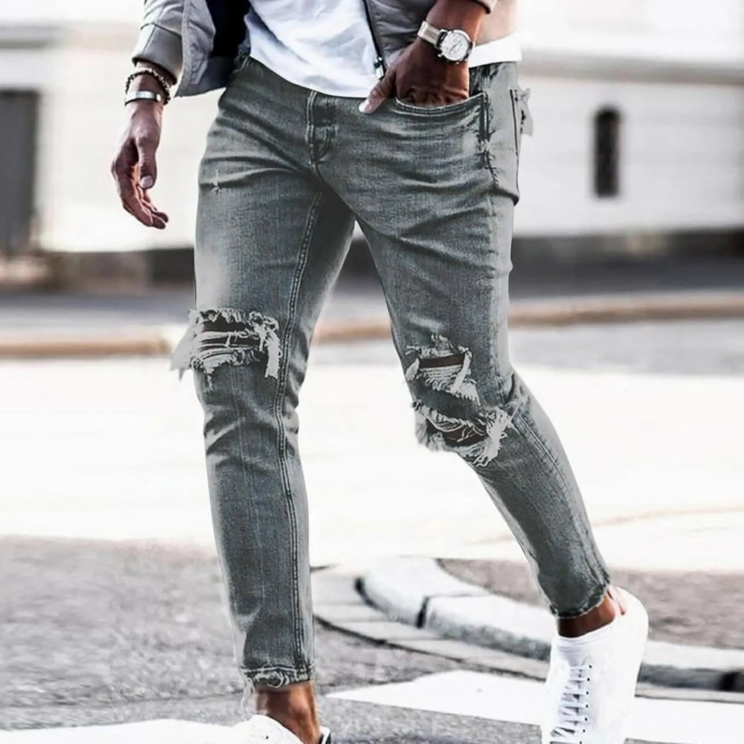 Mens Jeans Slim Fit Skinny Denim Stretch Tapered Jean Pants Zipper Button Elastic Waist Casual Pocket Sports Trousers