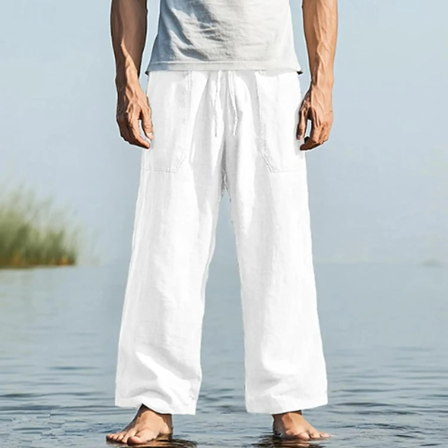Mens Linen Loose Fit Elastic Waist Drawstring Baggy Stretchy Straight Legs Yoga Beach Casual Summer Trousers Pants