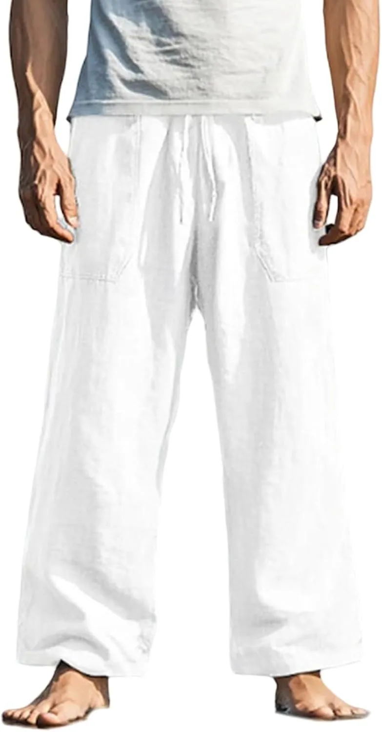 Mens Linen Loose Fit Elastic Waist Drawstring Baggy Stretchy Straight Legs Yoga Beach Casual Summer Trousers Pants