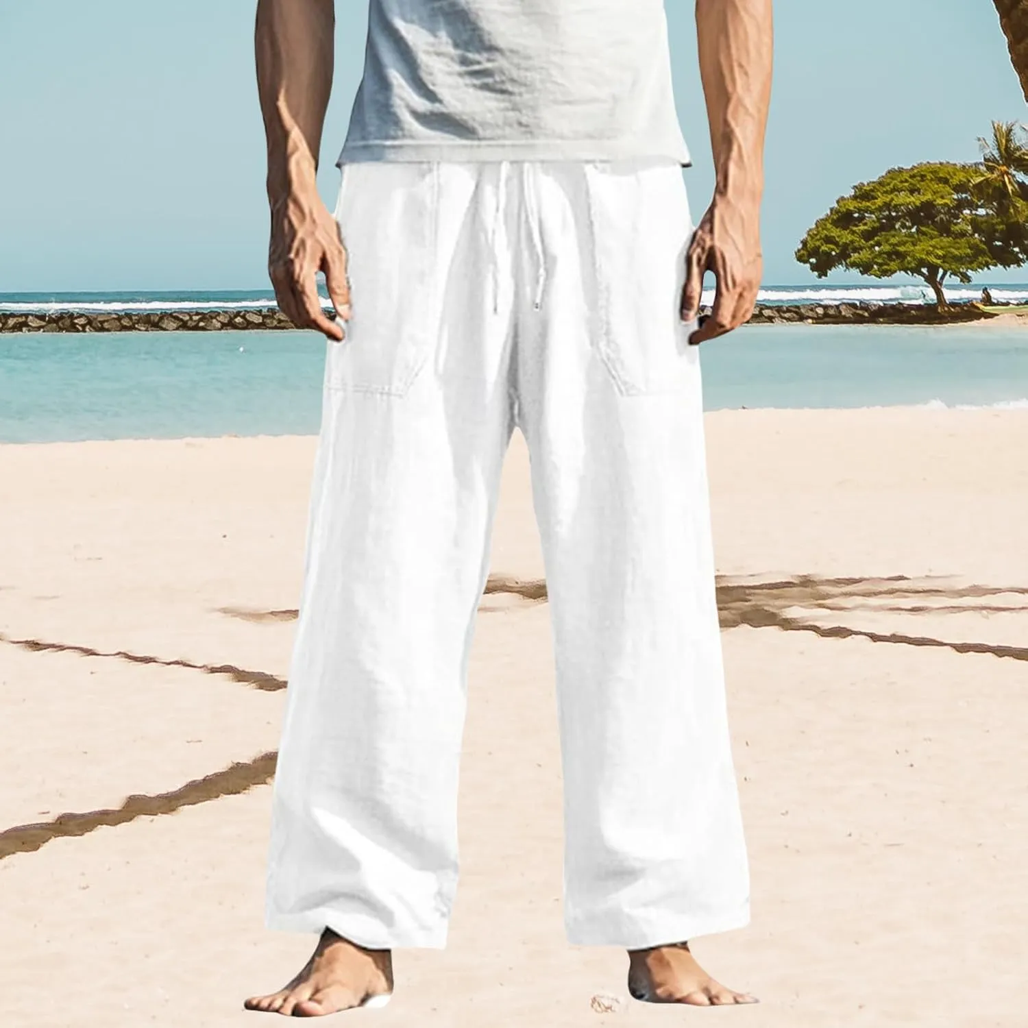 Mens Linen Loose Fit Elastic Waist Drawstring Baggy Stretchy Straight Legs Yoga Beach Casual Summer Trousers Pants