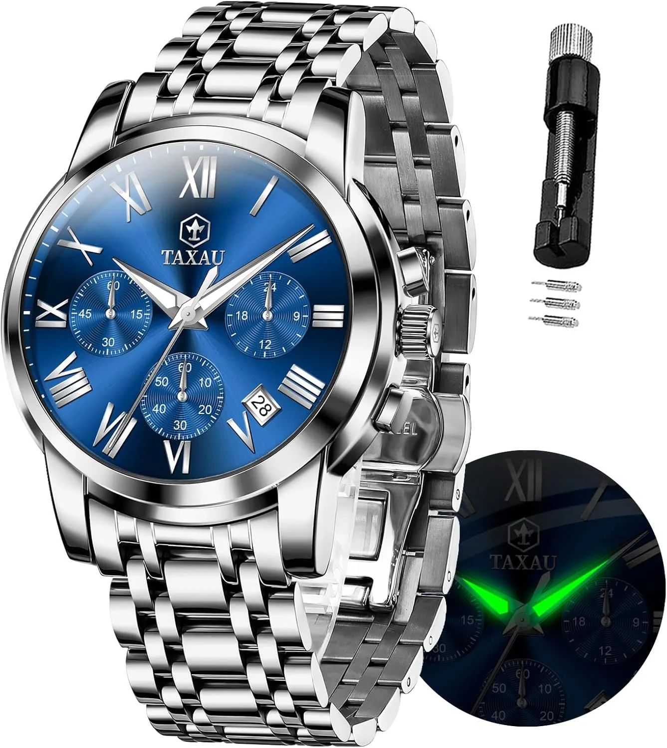 Men's Luxury Watch With Day Date - Waterproof Stainless Steel Analog Quartz Wristwatch - Big Dial Dress Watch for Men