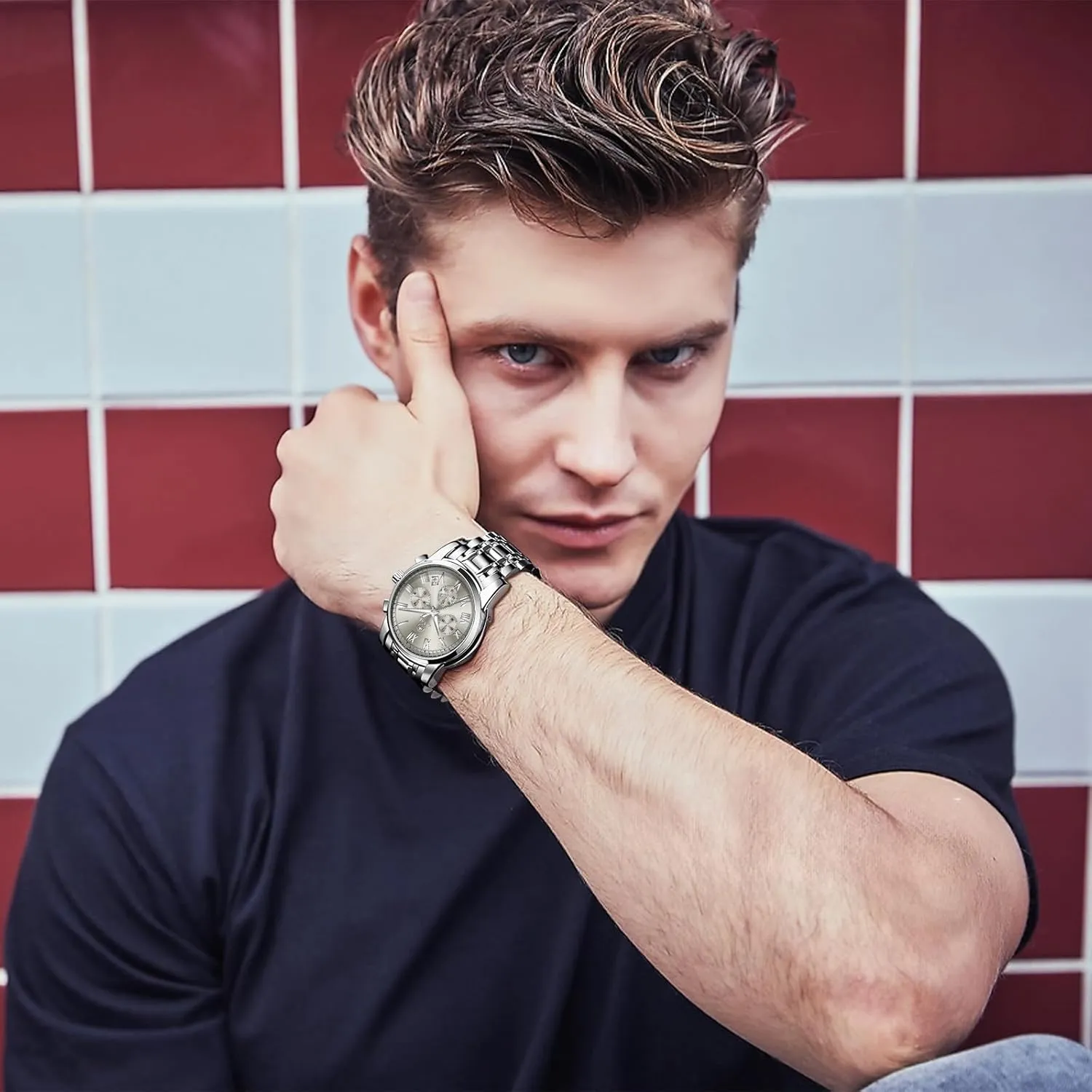 Men's Luxury Watch With Day Date - Waterproof Stainless Steel Analog Quartz Wristwatch - Big Dial Dress Watch for Men