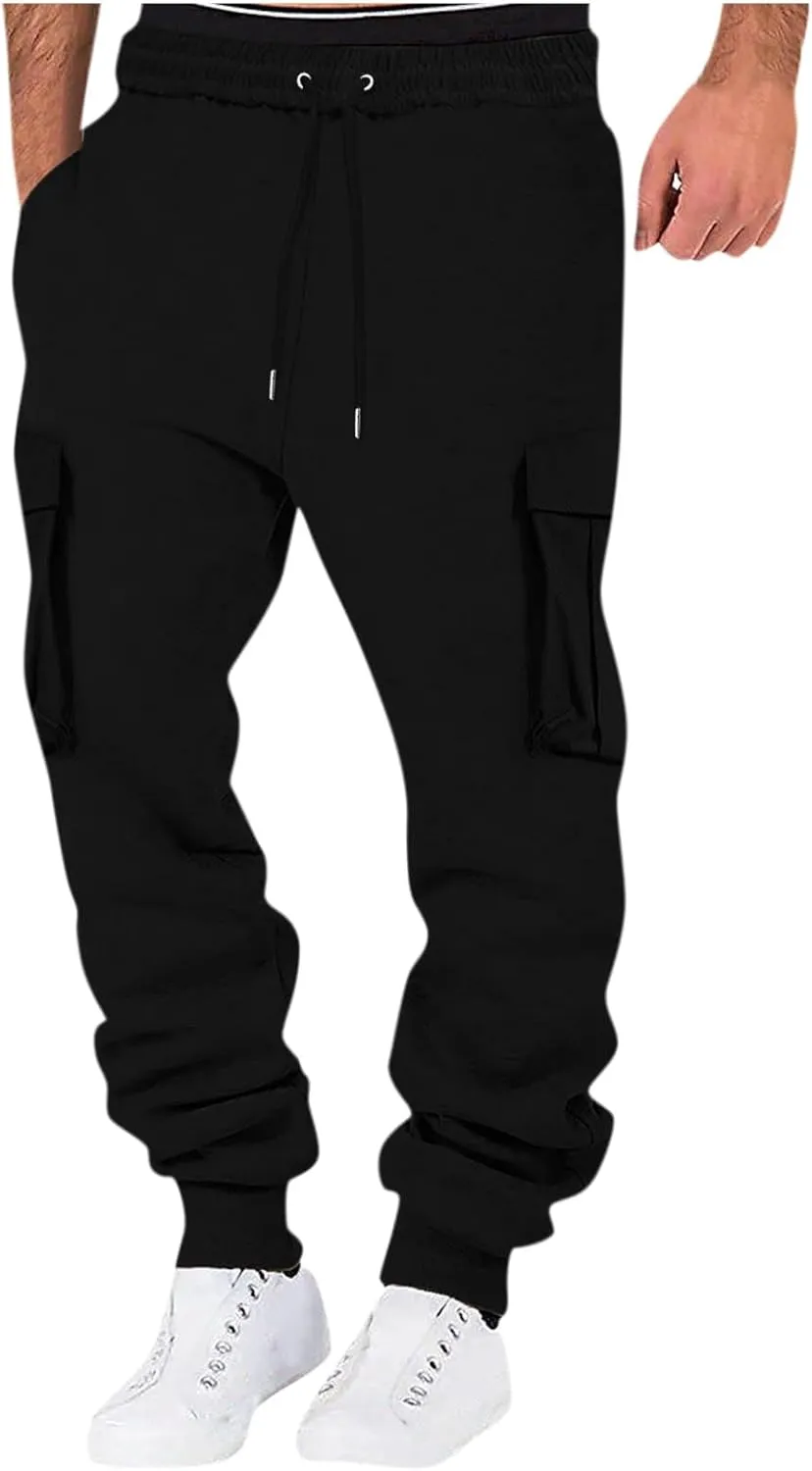 Mens Outdoor Hiking Cargo Pants Leisure Loose Sports Running Solid Color Lace Up Cargo Pants Men's Cargo Tactical
