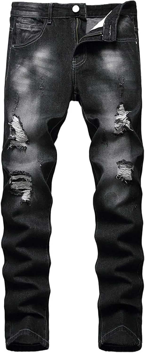Men's Ripped Jeans Slim Fit Skinny Stretch Jeans Pant Casual Fashion Streetwear Y2K Denim Trousers Distressed Pants