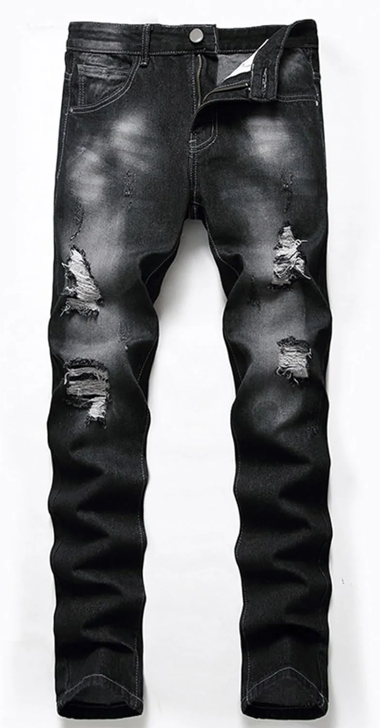 Men's Ripped Jeans Slim Fit Skinny Stretch Jeans Pant Casual Fashion Streetwear Y2K Denim Trousers Distressed Pants