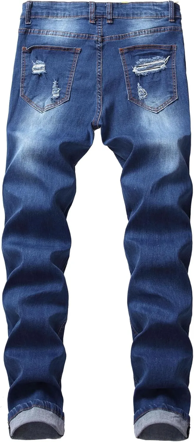 Men's Ripped Straight Leg Outdoor Jeans Distressed Skiny Stylish Denim Pants Comfort Slim Fit Classic Jeans Pants