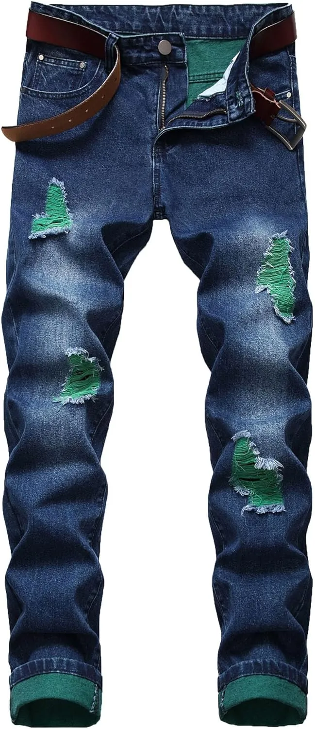 Men's Ripped Straight Leg Outdoor Jeans Distressed Skiny Stylish Denim Pants Comfort Slim Fit Classic Jeans Pants
