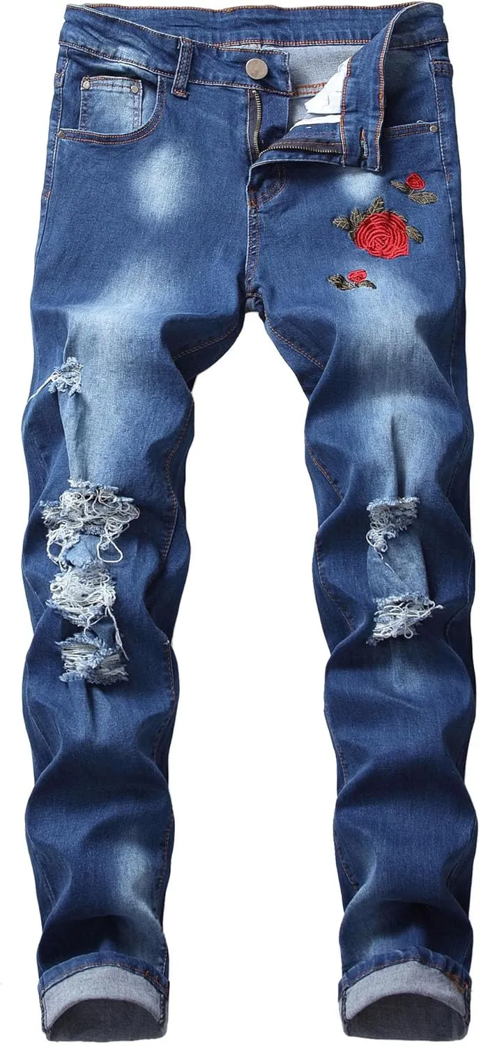 Men's Ripped Straight Leg Outdoor Jeans Distressed Skiny Stylish Denim Pants Comfort Slim Fit Classic Jeans Pants