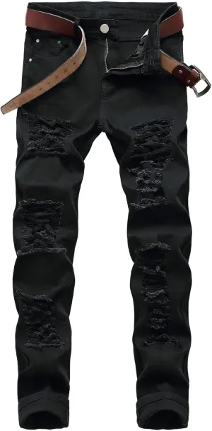 Men's Ripped Straight Leg Outdoor Jeans Distressed Skiny Stylish Denim Pants Comfort Slim Fit Classic Jeans Pants
