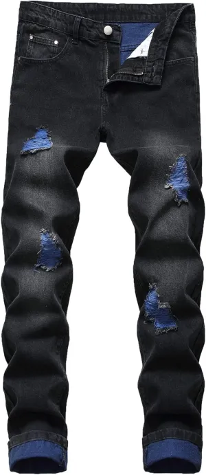 Men's Ripped Straight Leg Outdoor Jeans Distressed Skiny Stylish Denim Pants Comfort Slim Fit Classic Jeans Pants