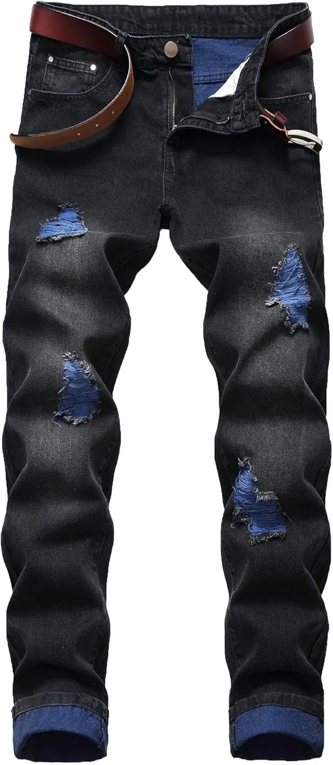 Men's Ripped Straight Leg Outdoor Jeans Distressed Skiny Stylish Denim Pants Comfort Slim Fit Classic Jeans Pants