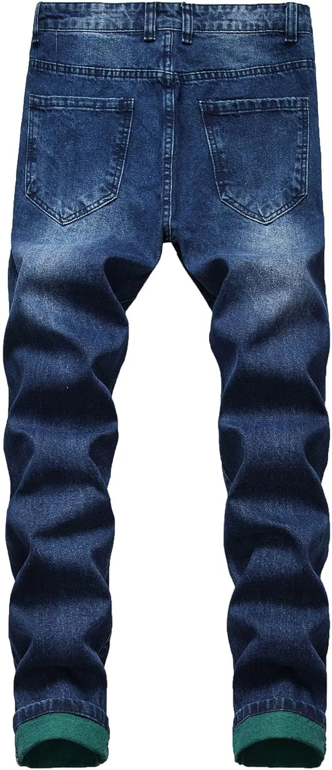 Men's Ripped Straight Leg Outdoor Jeans Distressed Skiny Stylish Denim Pants Comfort Slim Fit Classic Jeans Pants