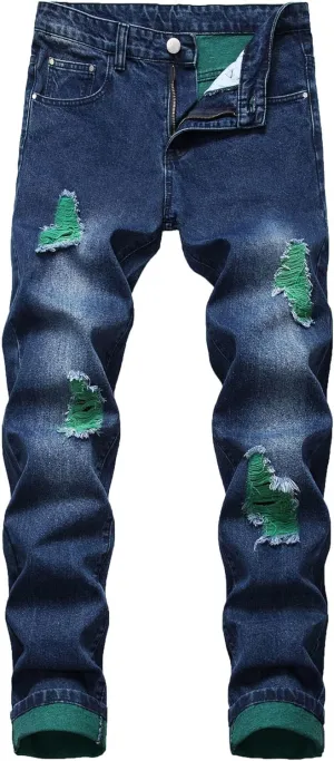 Men's Ripped Straight Leg Outdoor Jeans Distressed Skiny Stylish Denim Pants Comfort Slim Fit Classic Jeans Pants