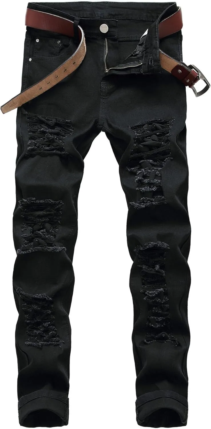 Men's Ripped Straight Leg Outdoor Jeans Distressed Skiny Stylish Denim Pants Comfort Slim Fit Classic Jeans Pants