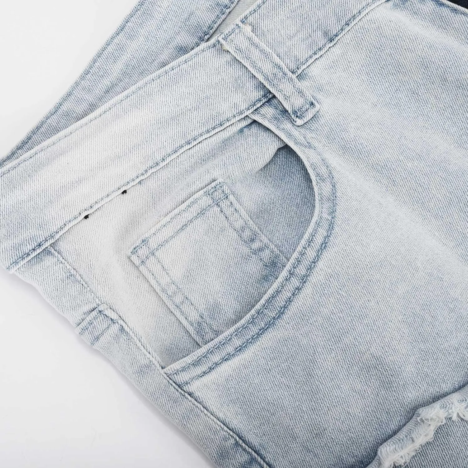 Mens Ripped Stretch Denim Casual Slim Fit Distressed Plaid Pattern Skinny Biker Jeans Zip Button Elastic Waist Pants