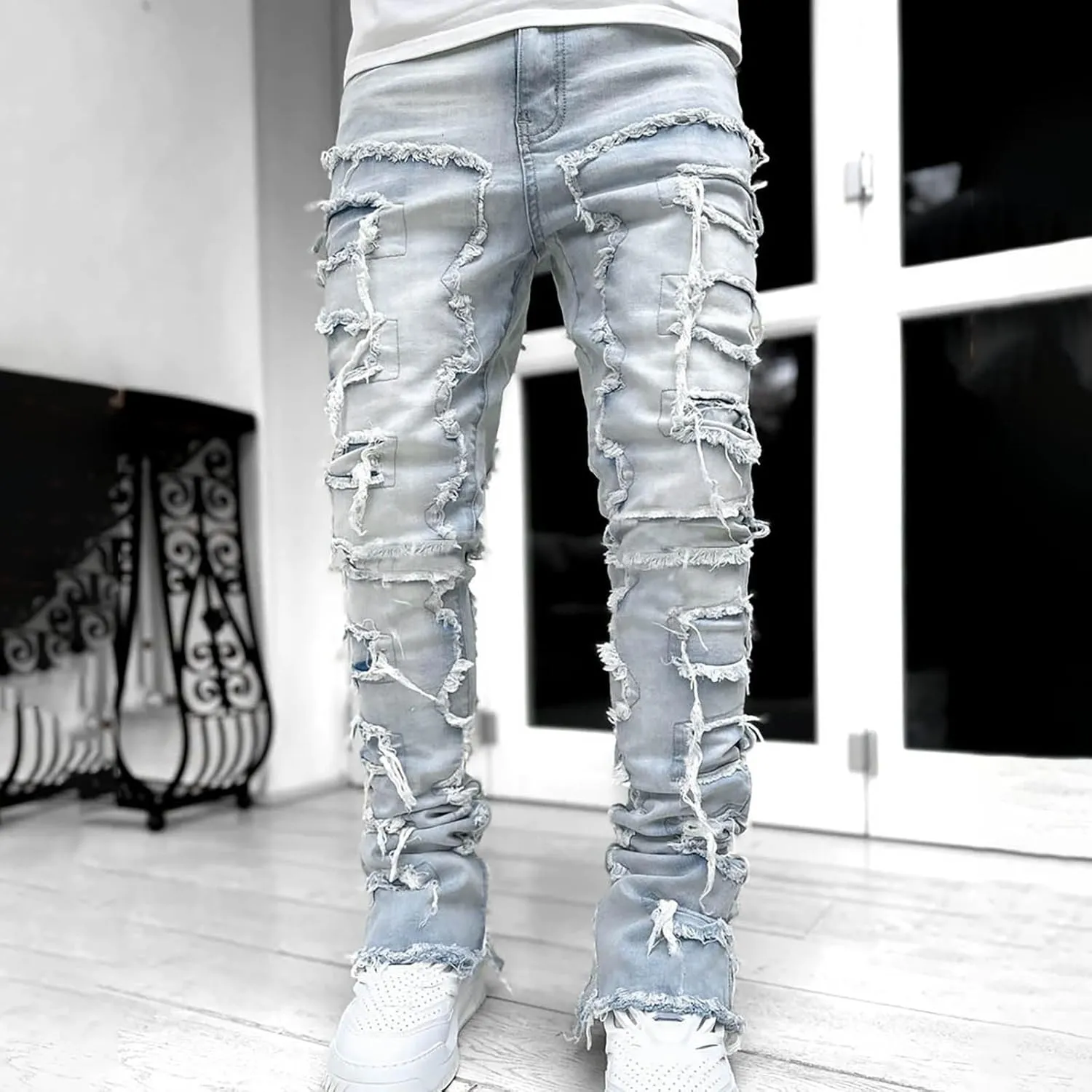 Mens Ripped Stretch Denim Casual Slim Fit Distressed Plaid Pattern Skinny Biker Jeans Zip Button Elastic Waist Pants