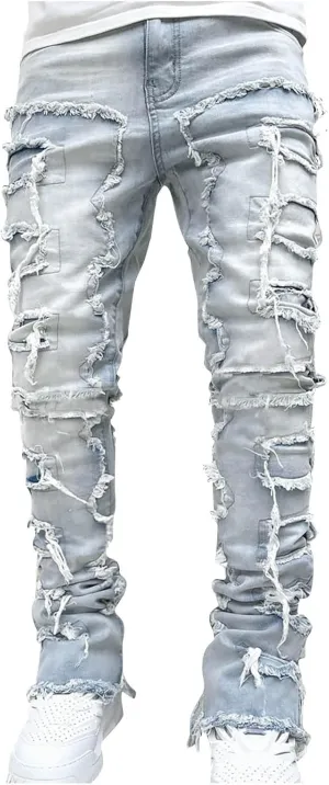 Mens Ripped Stretch Denim Casual Slim Fit Distressed Plaid Pattern Skinny Biker Jeans Zip Button Elastic Waist Pants